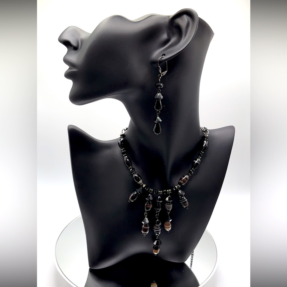 *RARE* Zebra Agate Austrian Crystal Necklace Earring Set Black Stainless Steel